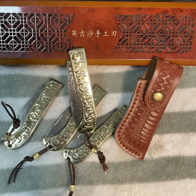 英吉沙小刀折叠刀黄铜手柄大马士革钢新疆包邮