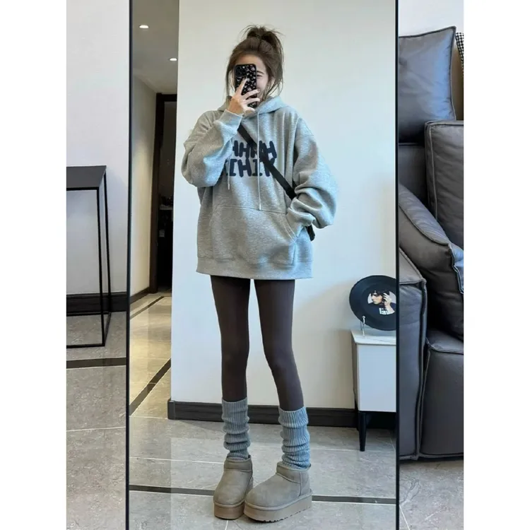 孕妇装灰色连帽卫衣女秋冬季2025新款宽松加绒慵懒风孕妇上衣外套