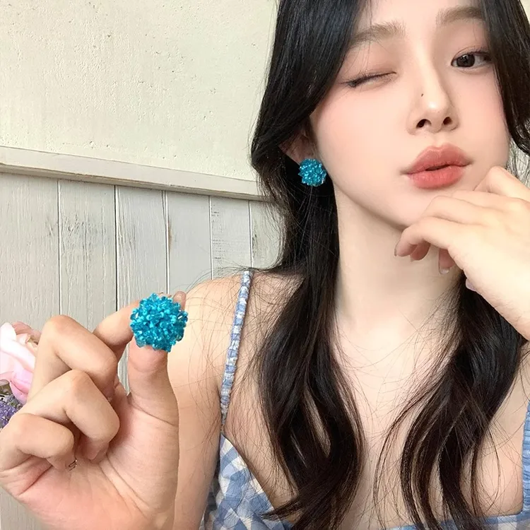 合金耳饰 清新蓝色绣球花朵串珠耳环女耳饰大气耳钉彩色少女甜美