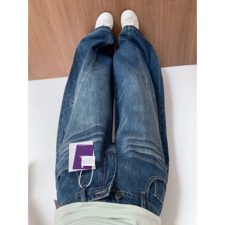 复古弯刀阔腿牛仔裤女秋季新款大码胖mm高腰显瘦宽松遮肉直筒裤子