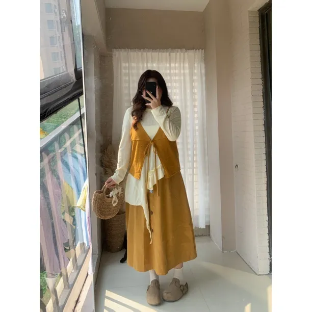 旧时光|日系复古百搭彩色纽扣装饰松紧腰半身裙套装