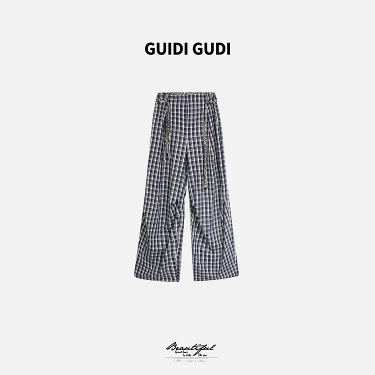 GUIDI GUDI【格子姑娘】纯棉含腰带格子休闲裤/黄加蓝