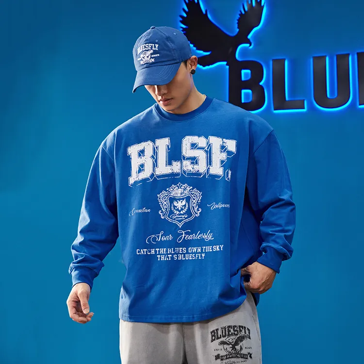 BLUESFLY健身长袖棉T恤男秋冬美式印花宽松休闲运动训练上衣