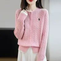 圆领刺绣羊毛针织开衫假两件外套女士春秋宽松提花洋气毛衣外搭