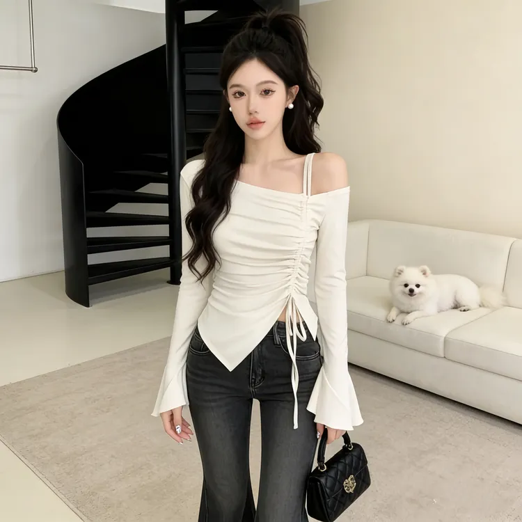 纯欲风气质时尚露肩抽绳长袖T恤不规则修身显瘦长袖上衣5267#