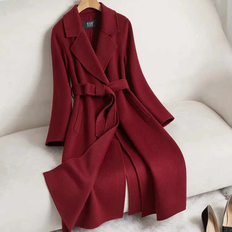 红色双面羊绒大衣女2025年新款赫本风时尚减龄开叉显瘦羊毛呢外套