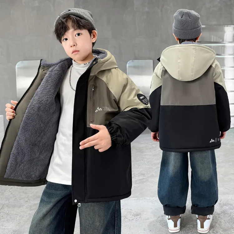 男童冬装外套2025新款中大童洋气男孩冬季加绒加厚连帽中长款棉服
