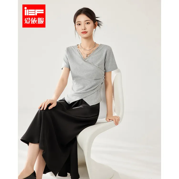 IEF/爱依服上衣2025夏季新款法式性感小女人气质V领修身百搭T恤