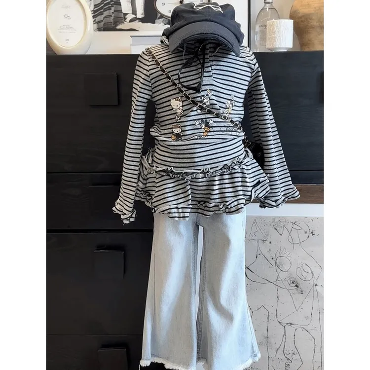 女童春秋套装2025新款韩版条纹耳边洋气上衣牛仔潮酷痞帅童装