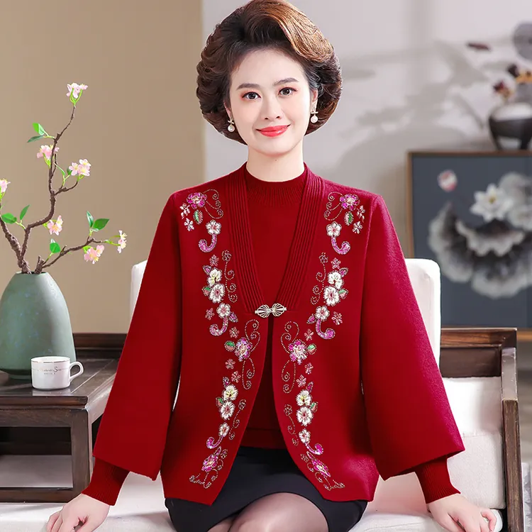 冰山天熊中老年妈妈装针织衫国风喜庆简约时尚两件套婆婆装保暖衫