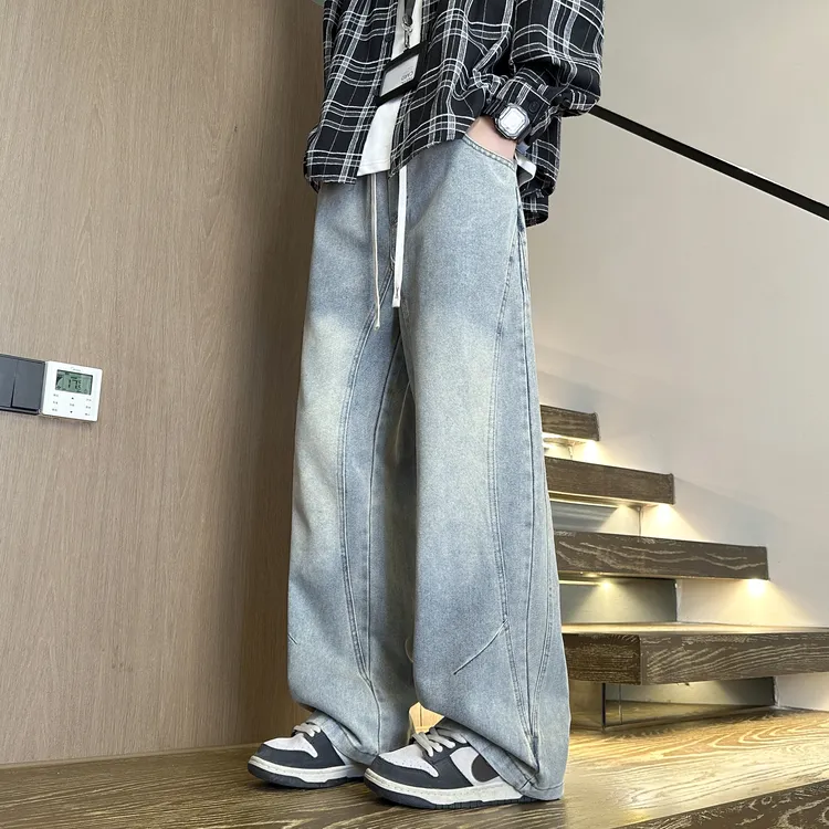 青少年春季直筒牛仔裤男生宽松直筒休闲弯刀裤学生水洗阔腿长裤子