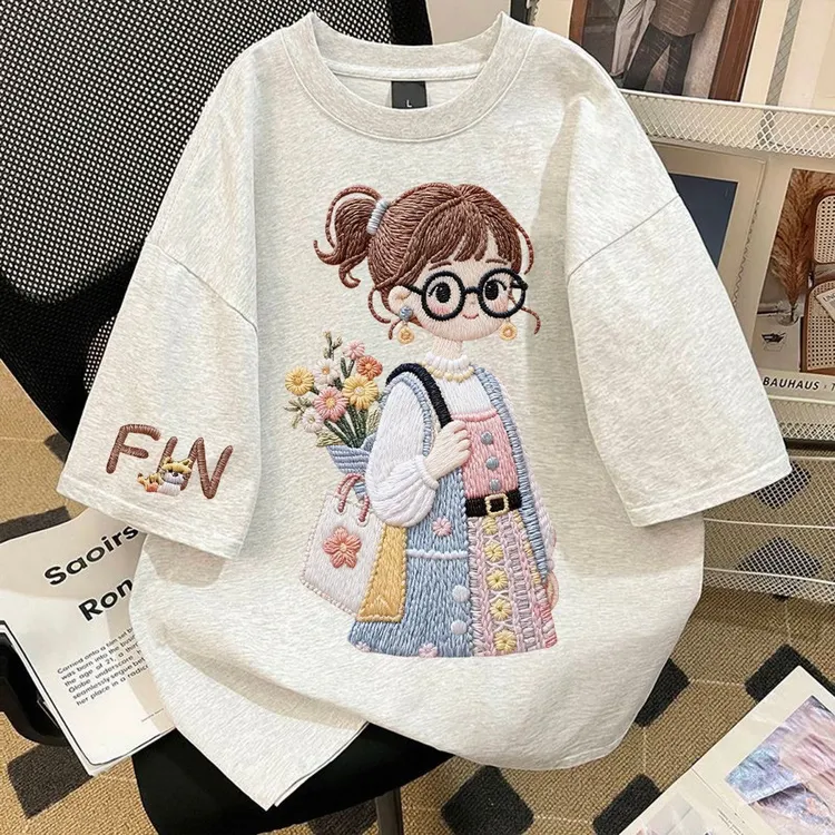 纯棉夏季新款中大童短袖T仿刺绣可爱卡通戴眼镜女孩童款科学实验商品图