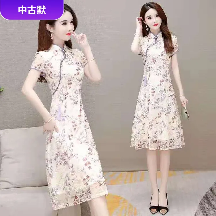 1矮个子雪纺印花旗袍裙中国风2025修身收腰遮肚显瘦妈妈装连衣裙