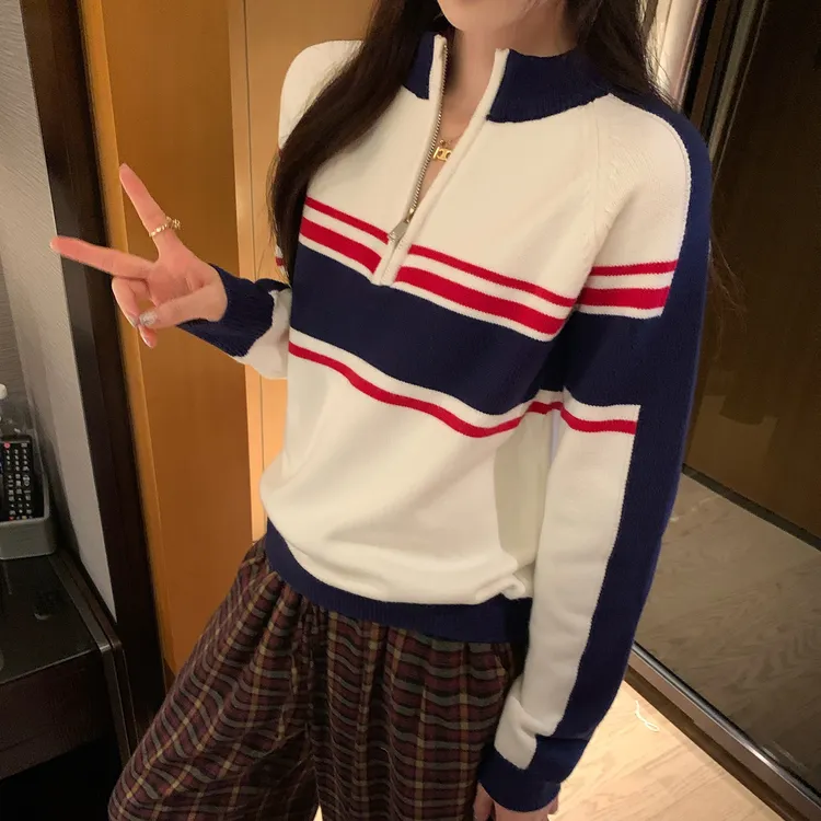 韩系撞色条纹翻领半拉链针织衫女秋冬高级感宽松慵懒风休闲上衣