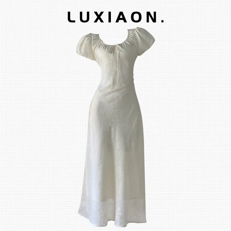 法式优雅提花抽绳连衣裙女夏季新款气质茶歇裙温柔绑带设计感长裙