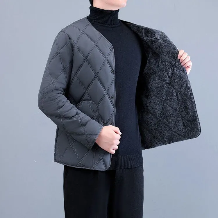 男士冬季加绒加厚棉衣保暖内胆外穿菱格大码宽松棉服同色绒学生装