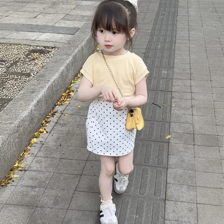 韩版女童2025夏季新款奶黄色弹力修身短袖T恤儿童白色波点半身裙