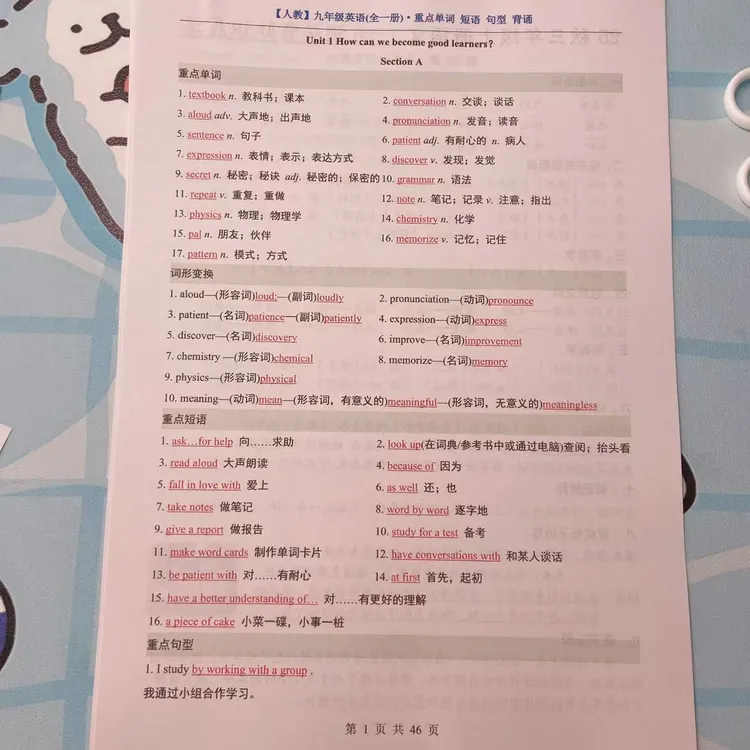 2025秋季新版人教九年级英语全本重点单词短语句型背诵