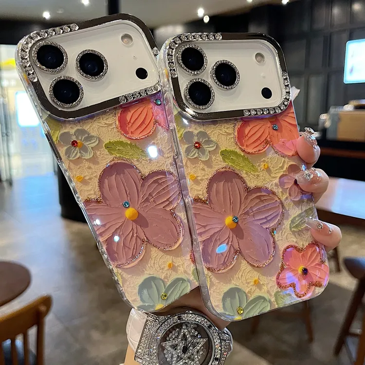 适用苹果系列iPhone17新款手机壳14promax优雅粉紫花半钻大孔透气