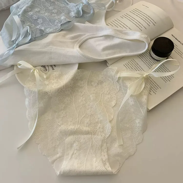 新款简约风系带蕾丝内裤女印花甜美轻薄夏季裸感亲肤无痕女三角裤