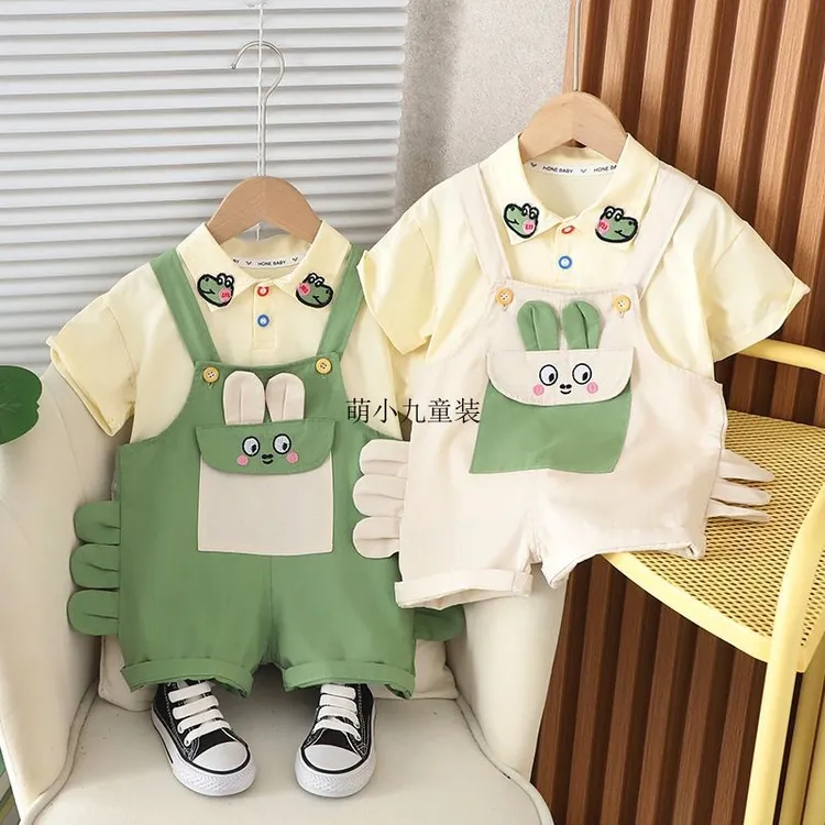 夏季小童男童新款夏装背带裤短袖套装洋气宝宝卡通两件套婴儿衣TZ