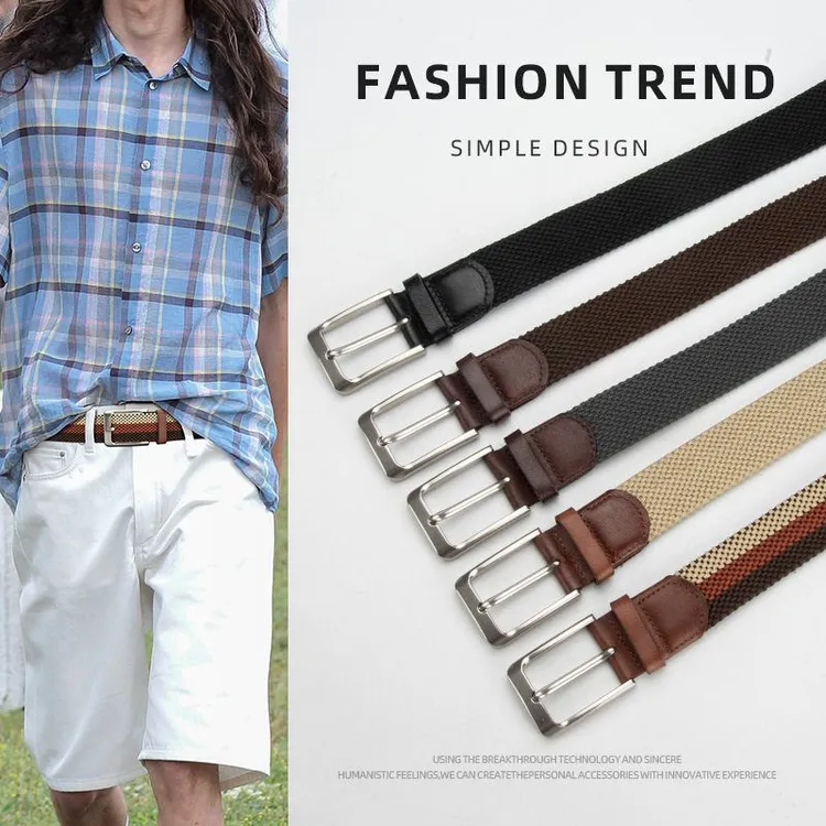 跨境无孔编织针扣腰带男款牛皮帆布结实耐用裤带时尚百搭皮带男