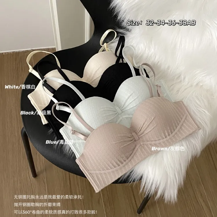 无肩带小胸聚拢防滑抹胸内衣泡泡纱肌理春夏手掌杯露肩文胸套装