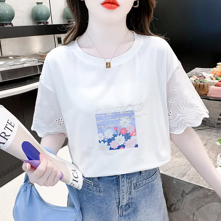 2025夏季新款时尚小雏菊白色短袖T恤女设计感拼接荷叶袖宽松上衣
