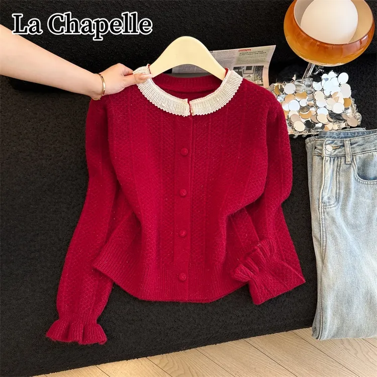 拉夏贝尔秋冬圆领小香风提花毛衣气质百搭宽松显瘦荷叶袖针织上衣