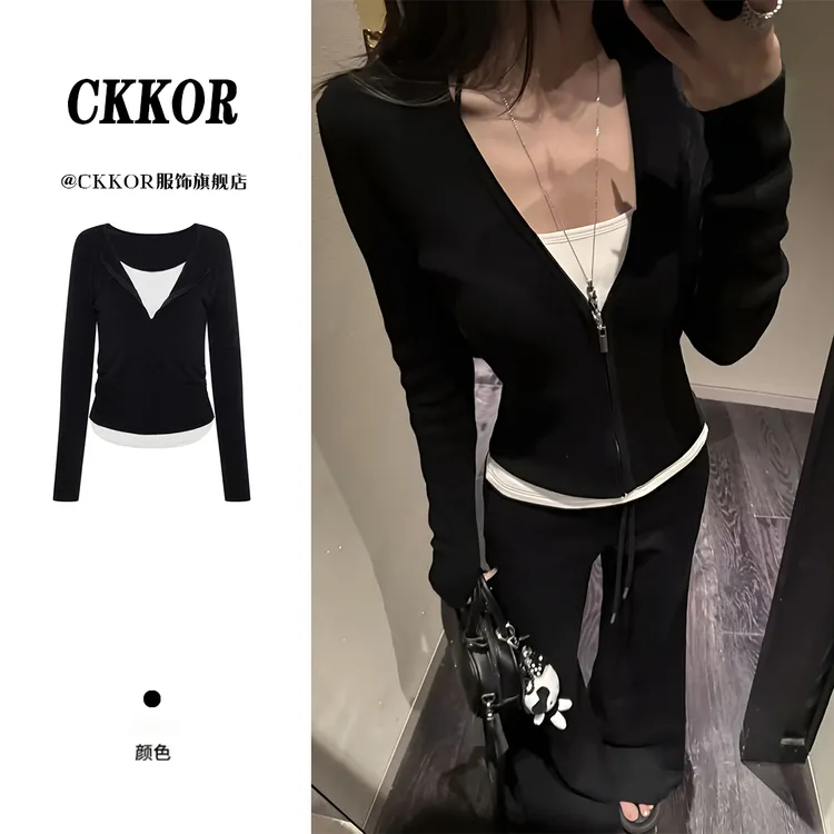 CKKOR早秋薄款洋气假两件长袖t恤女韩系辣妹修身显瘦休闲时尚套装