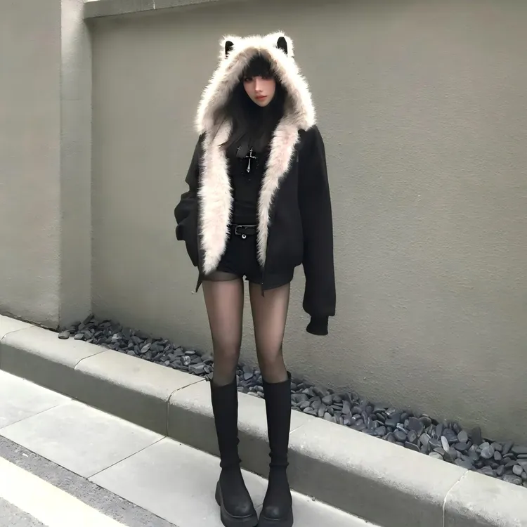 黑色座山雕毛毛外套女2025新款冬装加绒加厚韩版宽松棉衣工装棉服