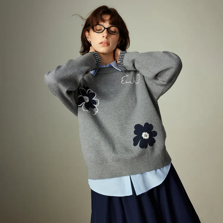 【双11提前购】初语针织衫25秋季新款绿绒蒿提花拼接假两件毛织上衣