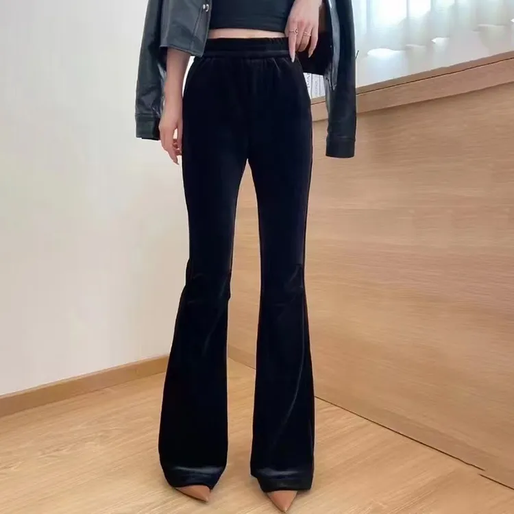 黑色加绒加厚金丝绒微喇裤女百搭2025秋季保暖时尚高腰显瘦休闲裤