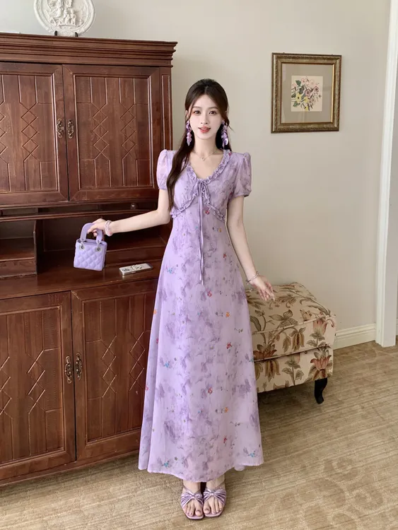 紫霞仙子 大码法式碎花裙夏季新款茶歇气质巨显瘦遮肚子度假长裙