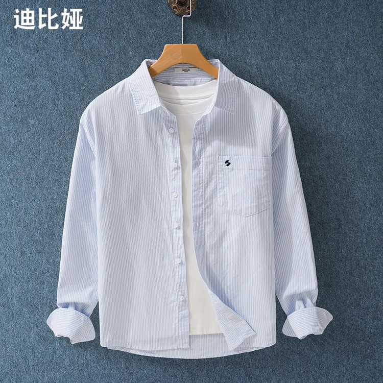 迪比娅清新条纹长袖衬衫男青年休闲百搭上衣100%纯棉牛津纺薄款Y