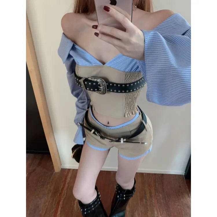一字肩条纹拼接长袖衬衫上衣美式辣妹套装秋季腰带休闲设计感短裤