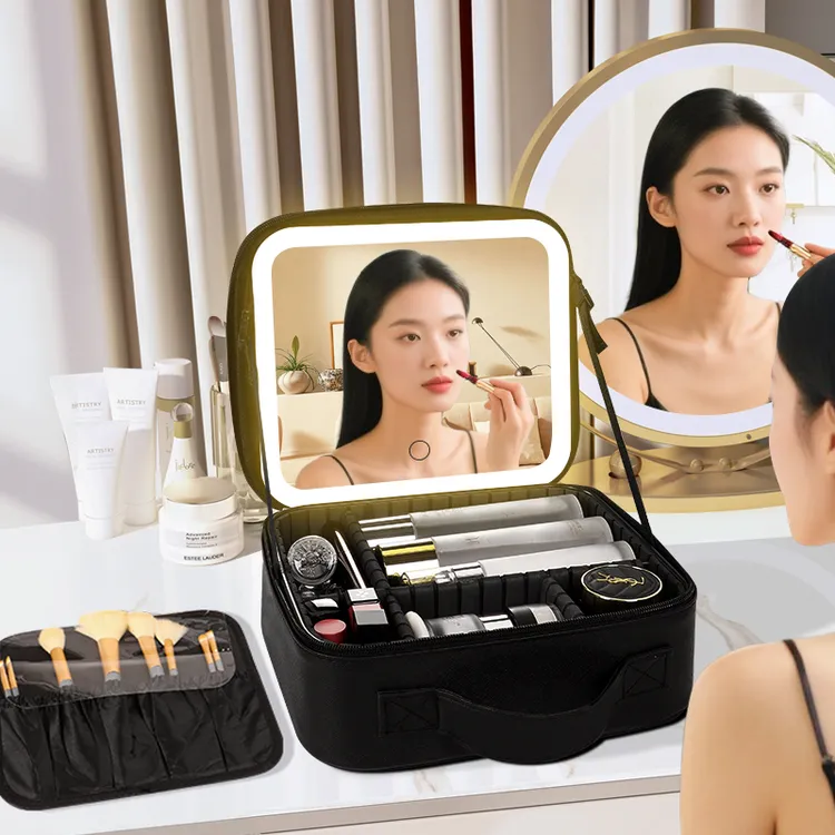 高级化妆包女LED补光带镜子化妆箱便携式大容量可拆卸分区收纳箱