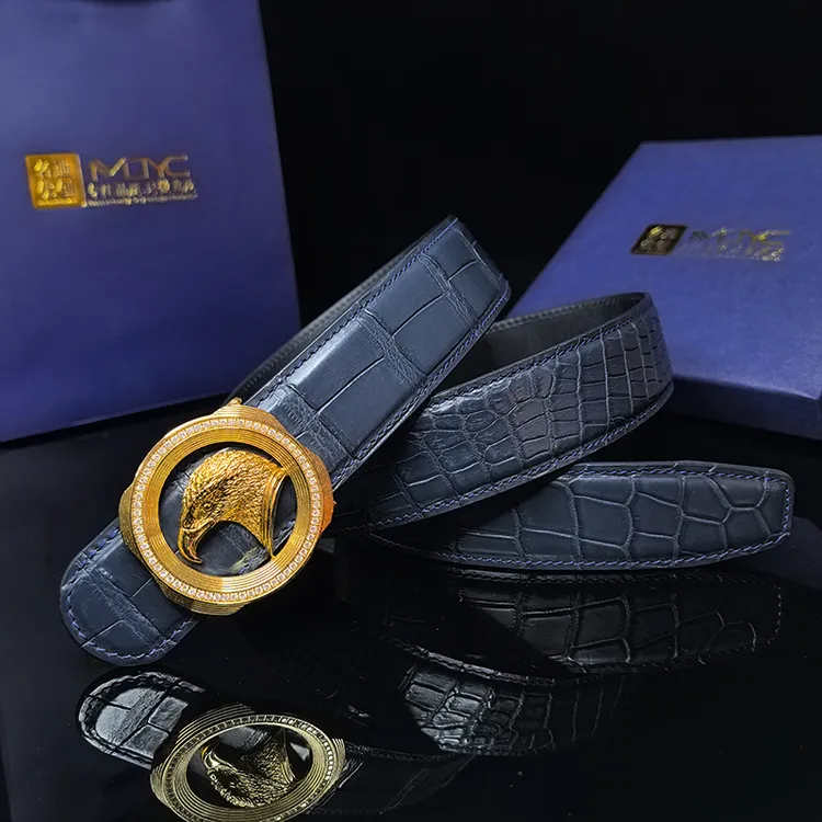 名迪优创哑光尼罗鳄鱼皮带表盘鹰带钻平滑扣男士皮带内穿真皮腰带