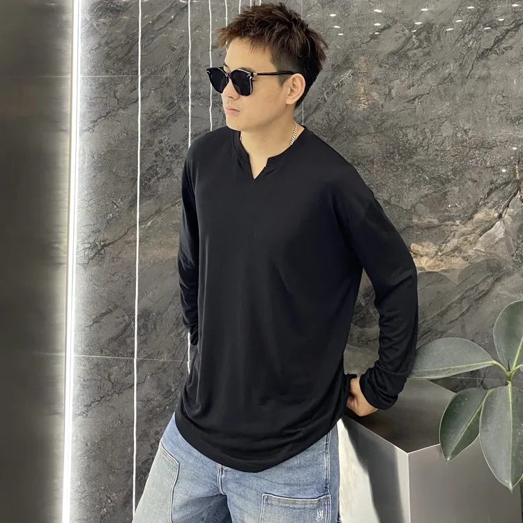 慵懒风松弛感冰凉感丝滑垂坠超轻薄V领开衩长袖防晒T恤夏季超薄T