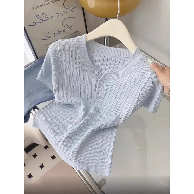蓝色温柔气质针织短袖t恤女2025夏季新款设计感圆领正肩显瘦上衣