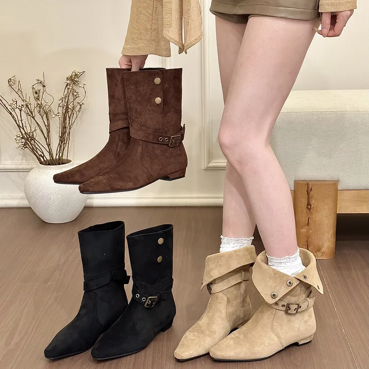 titing韩系古着感！一靴两穿绒面方头搭扣堆堆靴女秋翻折平底短靴