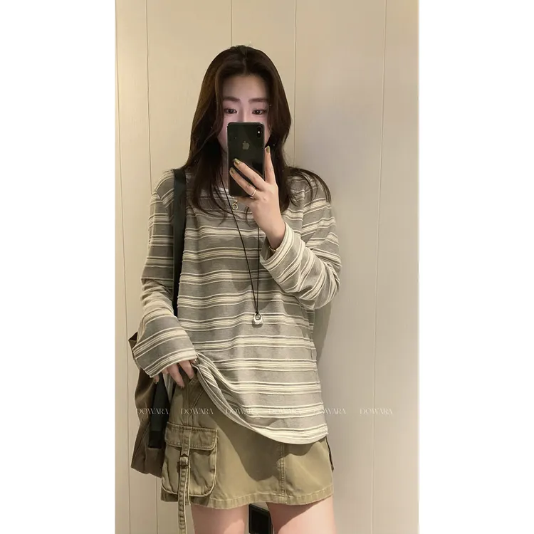 现货大婉酱微胖定制条纹罩衫松弛感t恤慵懒撞色休闲长袖上衣9930D