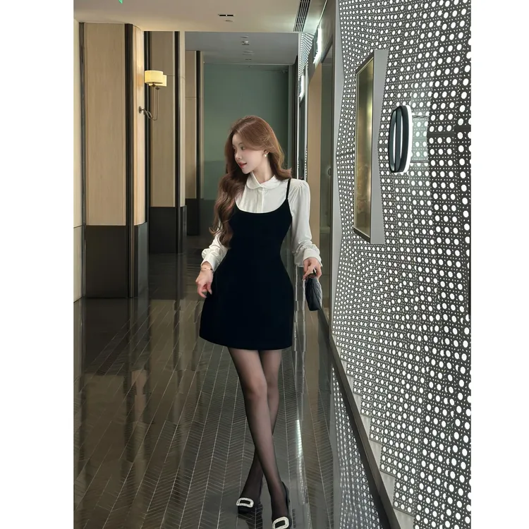 SZA【留洋千金】冬季新款高级感气质内搭上衣+吊带连衣裙套装A-2490