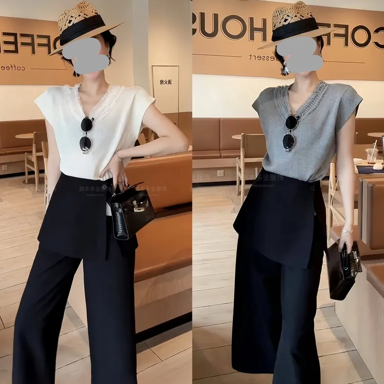 2025夏季时尚设计感蕾丝拼接短袖针织上衣显瘦百搭腰封裤气质套装