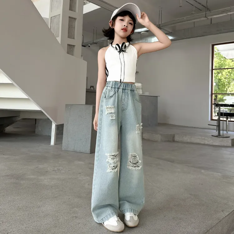 女童夏季薄款裤子女大童洋气炸街直筒裤儿童长裤初中生破洞牛仔裤