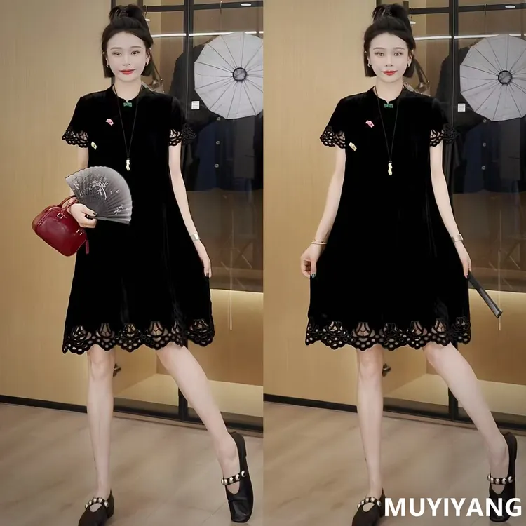 【墨淞】独特超好看彩色盘扣蕾丝花边高定连衣裙 裙长94 25-370#