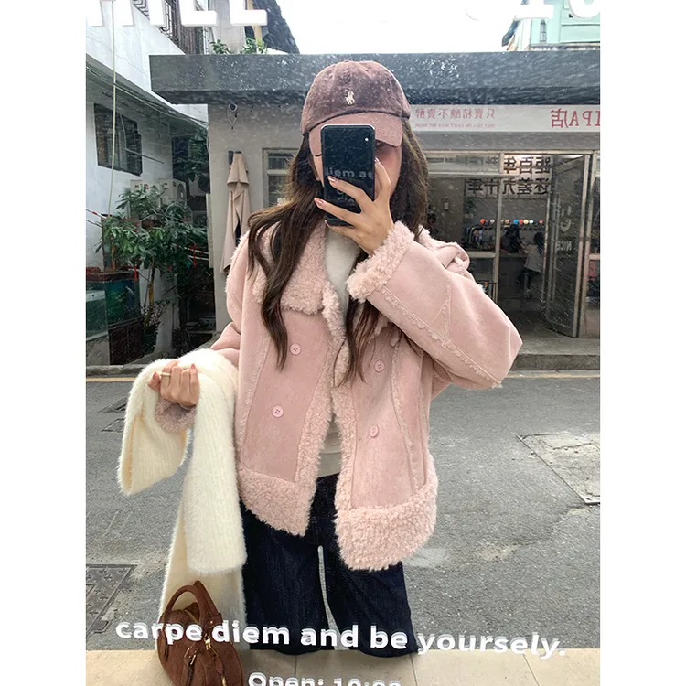 YOKLASS少女家 粉色休闲百搭气质设计感加厚翻领外套 W39181S54