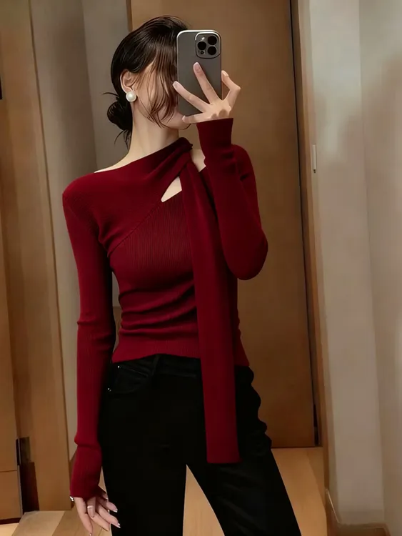 法式镂空飘带针织衫女红色毛衣2026秋冬本命新年圣诞上衣打底内搭