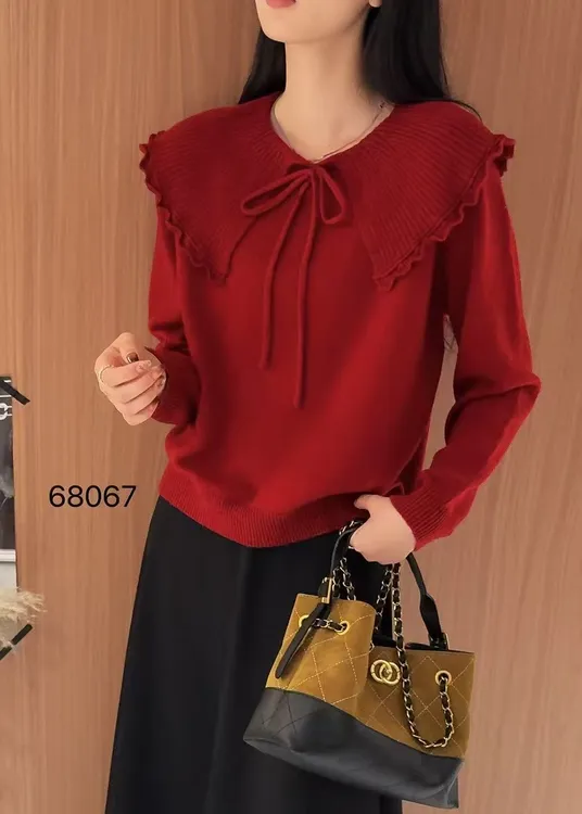 68067冬季时尚套头毛衣荷叶领减龄短款针织衫长度54