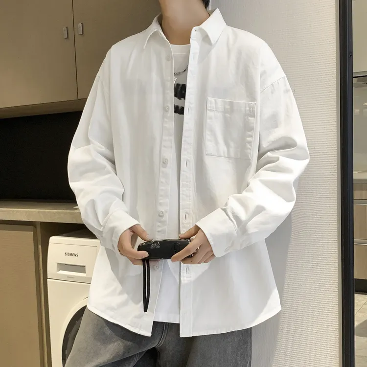 白色长袖衬衫男女同款秋冬季简约纯棉叠穿黑衬衣潮流百搭宽松外套